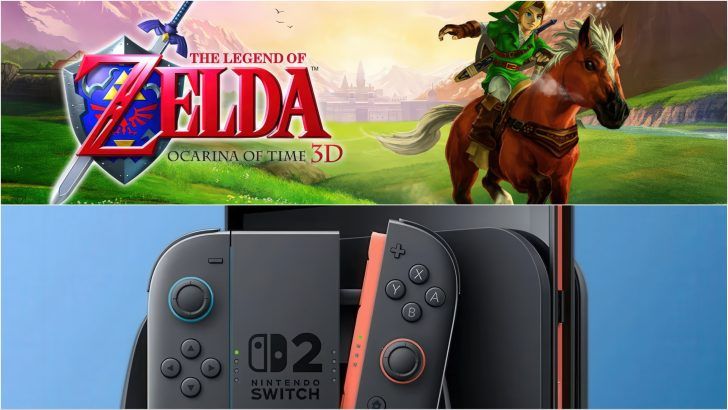 The image features 'The Legend of Zelda: Ocarina of Time 3D' cover art with Link riding a horse, alongside a close-up of a Nintendo Switch 2 console and Joy-Con controllers.